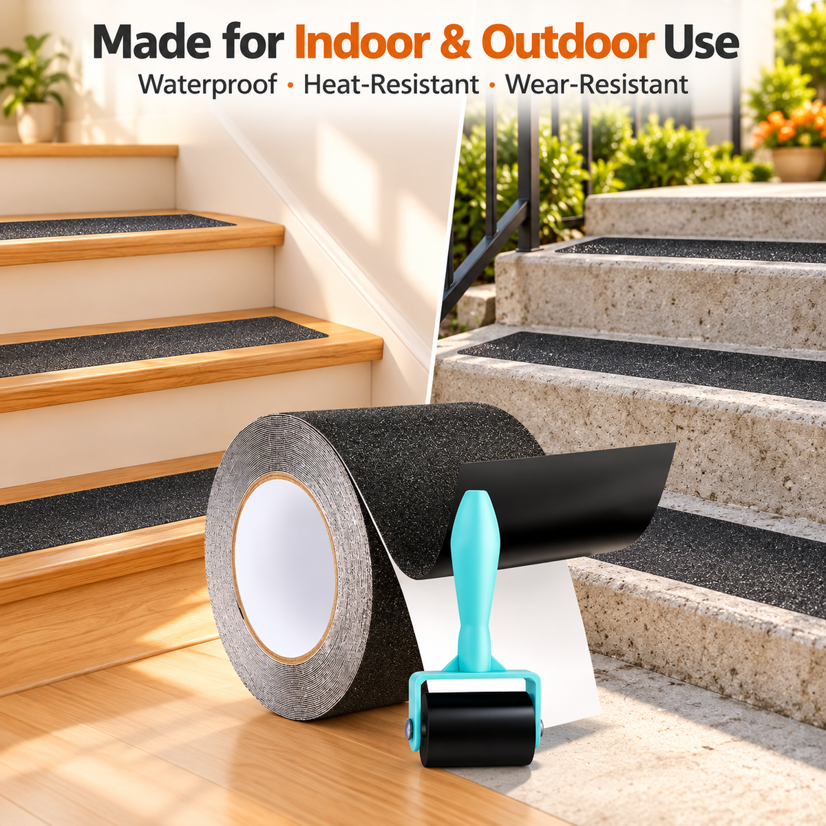 🛑 80-Grit Anti-Slip Tape – 35ft × 4in Peel-and-Stick Roll with Roller for Stairs & Floors ✨