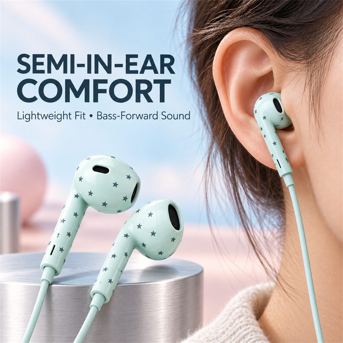 🎧✨ Cute Star & Polka Dot Type-C Wired Earbuds – Heavy Bass Earphones with Mic & Metal Storage Box 🌟