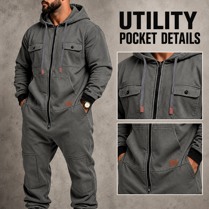 🛠️ Men’s Hooded Cargo Jumpsuit – Multi-Pocket, Zip-Front & Relaxed Fit 🏕️