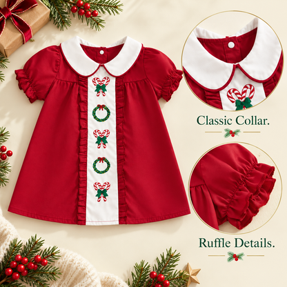 🎄 Little Girls’ Christmas Dress – Candy Embroidery, Puff Sleeves & Doll Collar | Ages 1–6 🎀