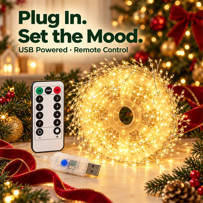 🎄✨ 49.2ft 500 LED Christmas Cluster String Lights – USB Powered with US Plug, Remote & Storage Reel 🎁🎁
