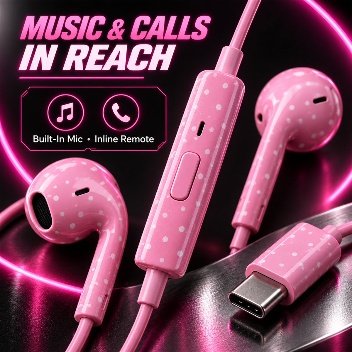 🎧✨ Cute Star & Polka Dot Type-C Wired Earbuds – Heavy Bass Earphones with Mic & Metal Storage Box 🌟