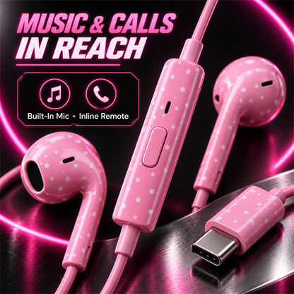 🎧✨ Cute Star & Polka Dot Type-C Wired Earbuds – Heavy Bass Earphones with Mic & Metal Storage Box 🌟