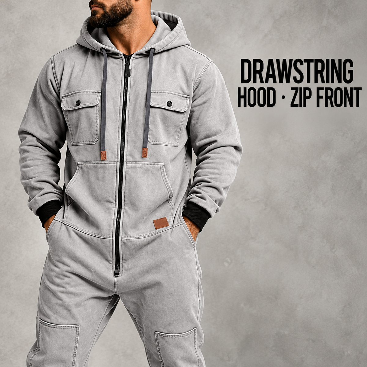 🛠️ Men’s Hooded Cargo Jumpsuit – Multi-Pocket, Zip-Front & Relaxed Fit 🏕️