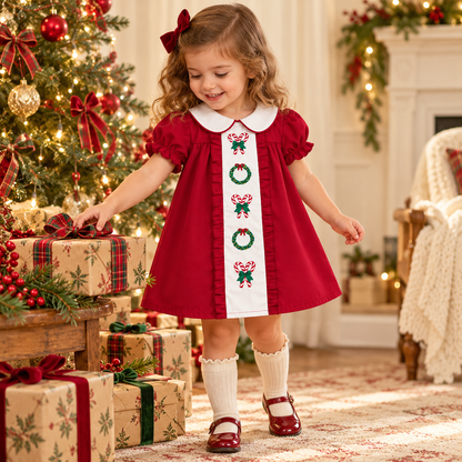 🎄 Little Girls’ Christmas Dress – Candy Embroidery, Puff Sleeves & Doll Collar | Ages 1–6 🎀