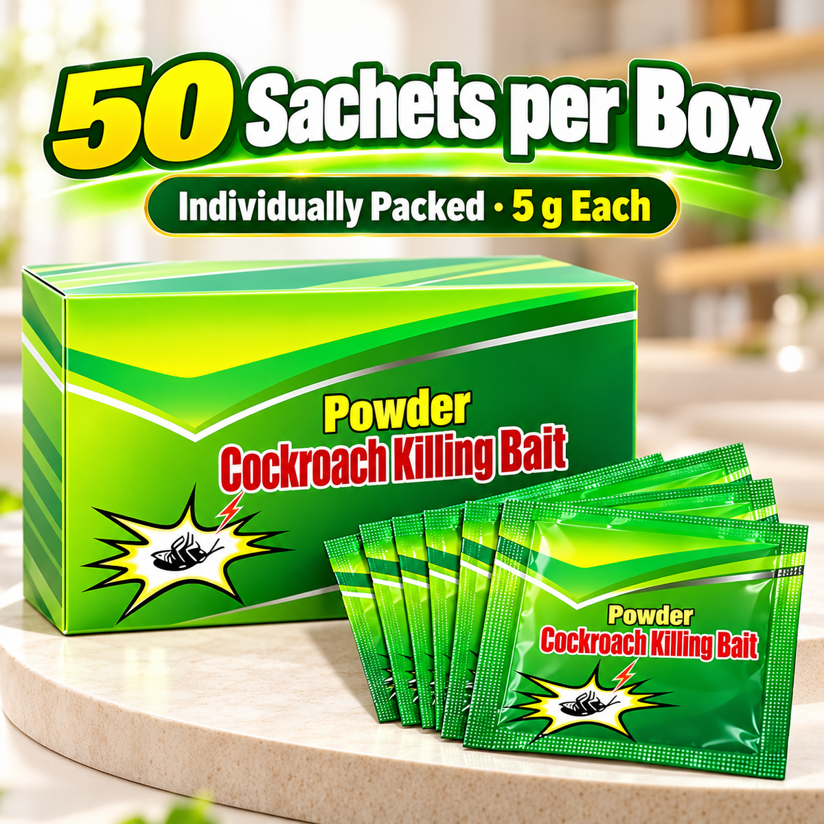 🪳 50-Pack Cockroach Bait Powder – Fast-Acting Indoor Roach Control for Kitchens & Rooms ✨