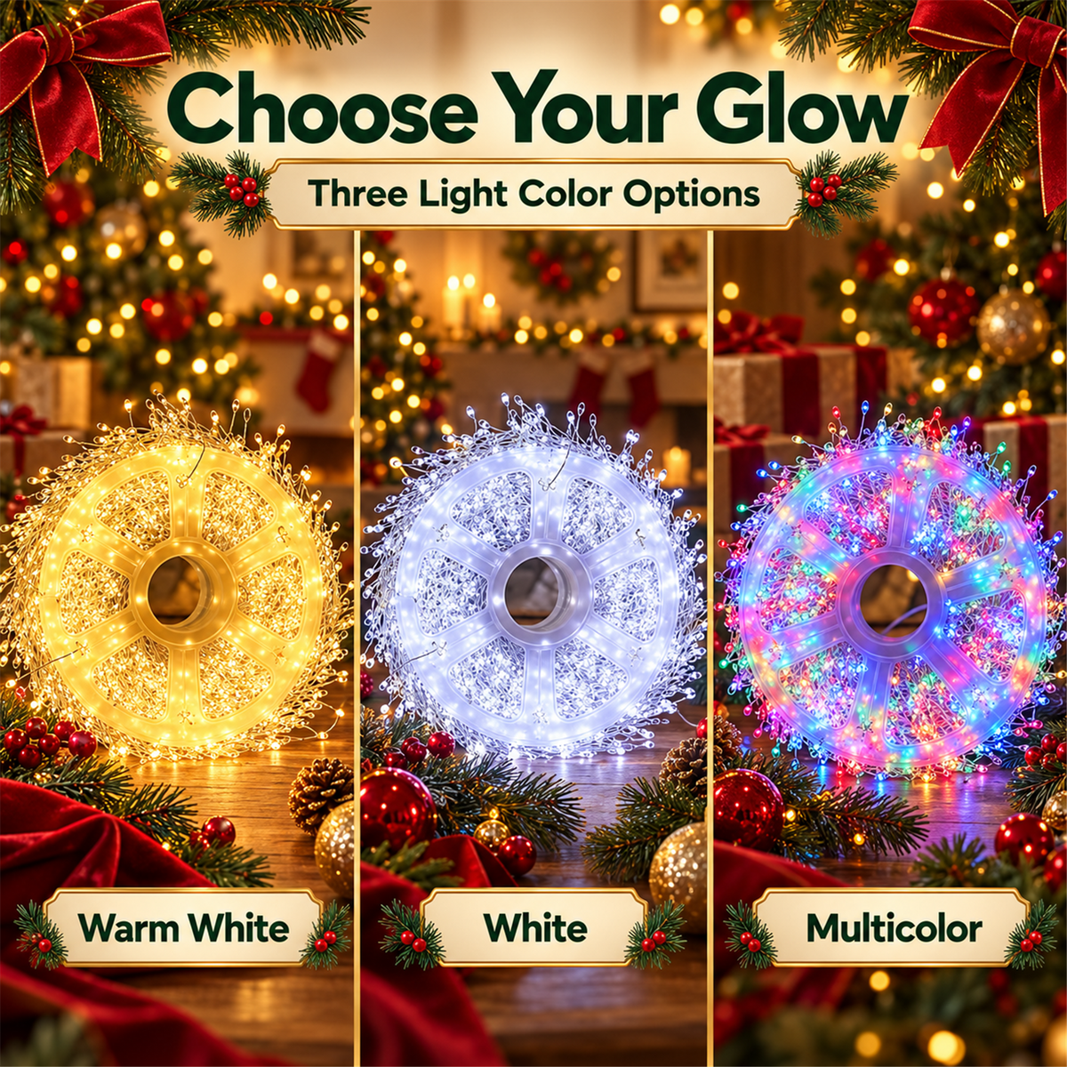 🎄✨ 49.2ft 500 LED Christmas Cluster String Lights – USB Powered with US Plug, Remote & Storage Reel 🎁🎁