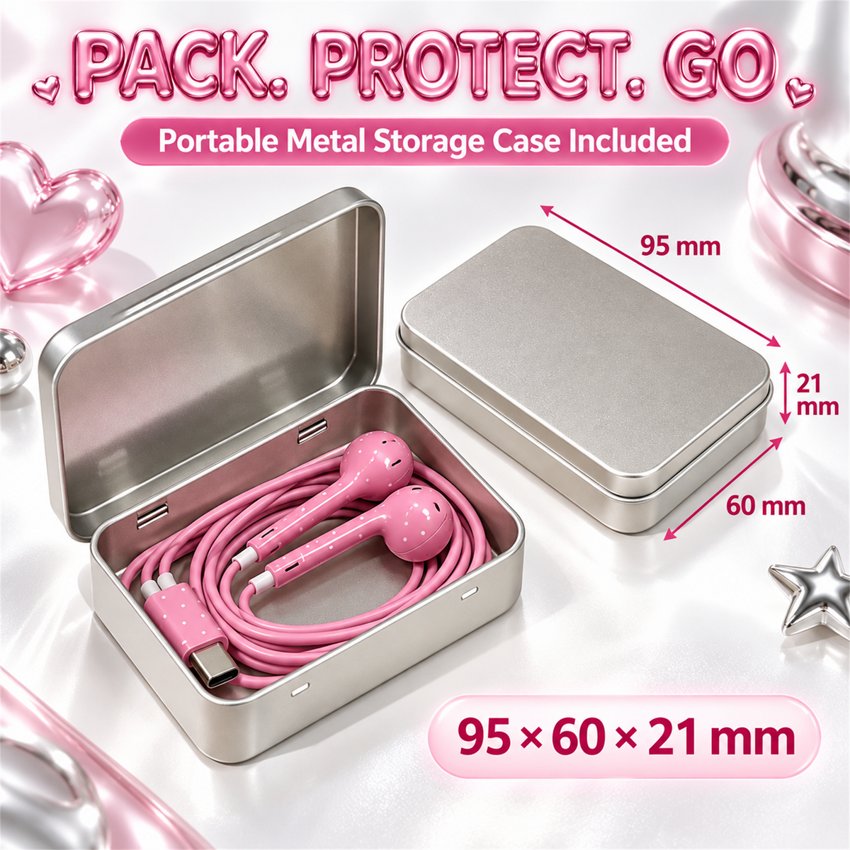 🎧✨ Cute Star & Polka Dot Type-C Wired Earbuds – Heavy Bass Earphones with Mic & Metal Storage Box 🌟