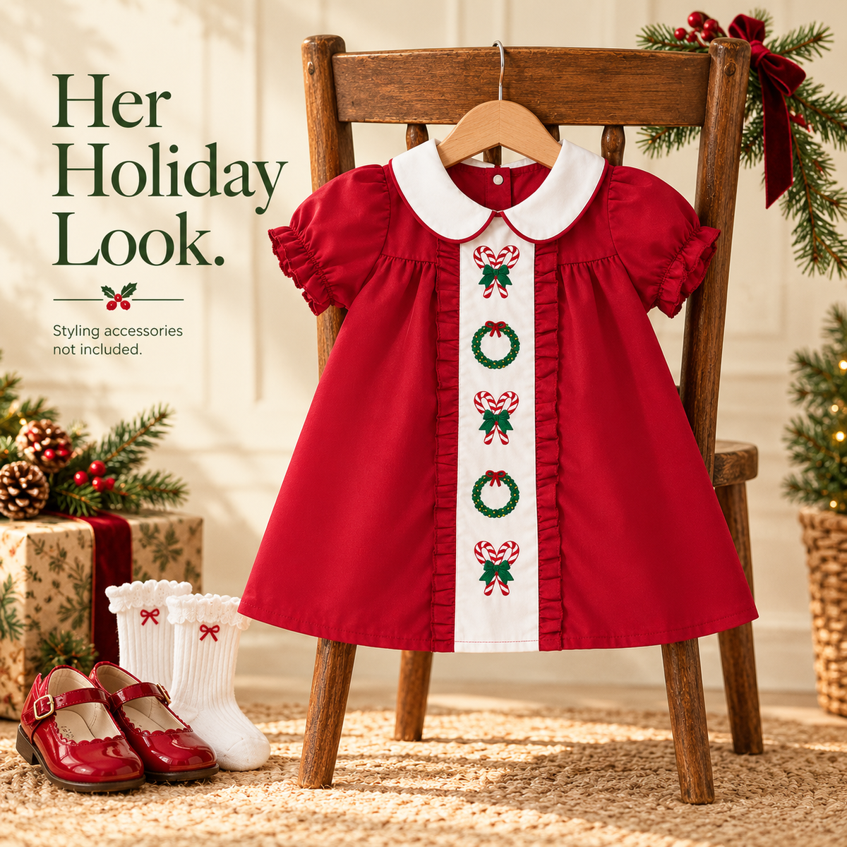 🎄 Little Girls’ Christmas Dress – Candy Embroidery, Puff Sleeves & Doll Collar | Ages 1–6 🎀