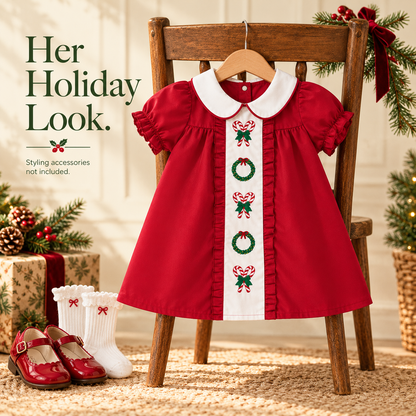 🎄 Little Girls’ Christmas Dress – Candy Embroidery, Puff Sleeves & Doll Collar | Ages 1–6 🎀