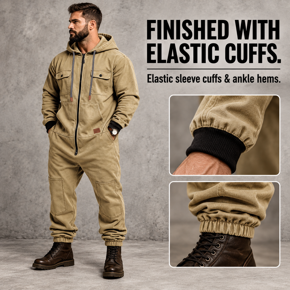 🛠️ Men’s Hooded Cargo Jumpsuit – Multi-Pocket, Zip-Front & Relaxed Fit 🏕️