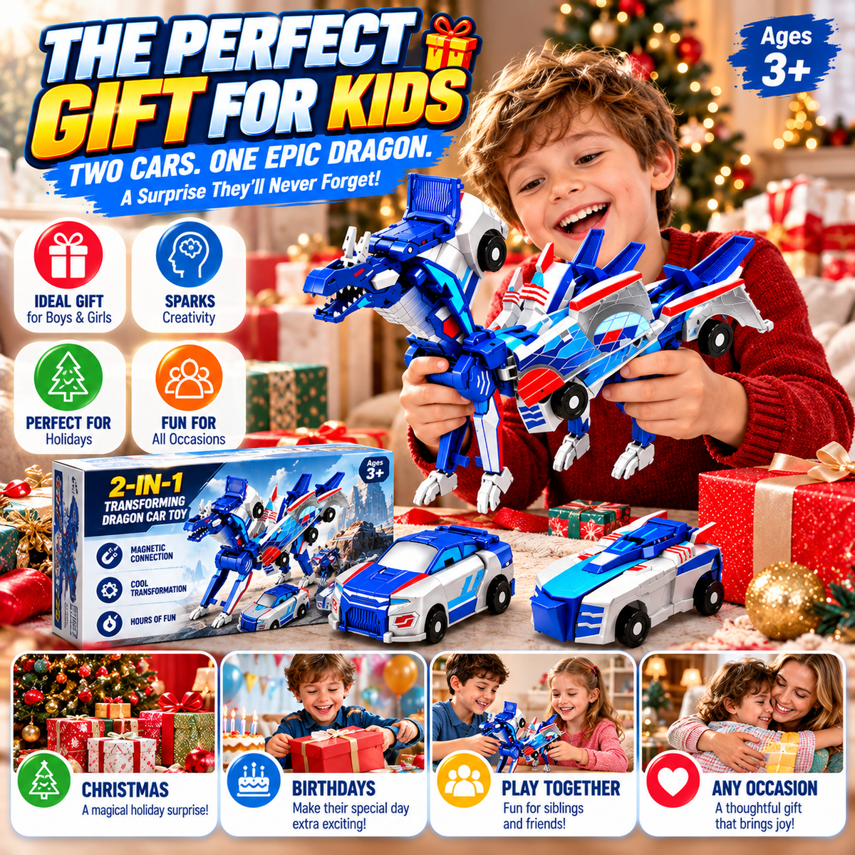 2-in-1 Magnetic Transforming Dragon Car Toy – Racing Car Set