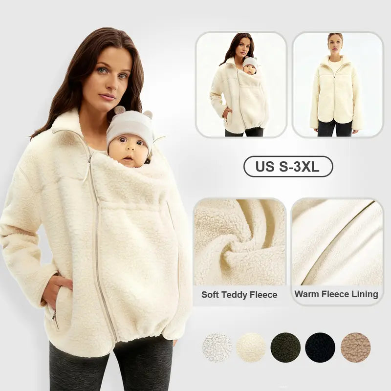 2-in-1 Maternity & Babywearing Teddy Fleece Jacket – Cozy Zip-Up Coat with Detachable Baby Panel for Moms