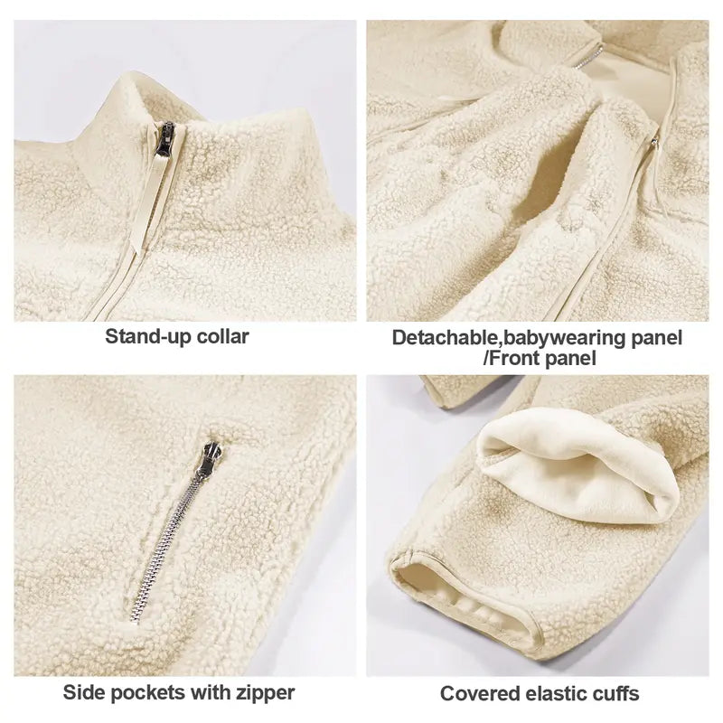 2-in-1 Maternity & Babywearing Teddy Fleece Jacket – Cozy Zip-Up Coat with Detachable Baby Panel for Moms
