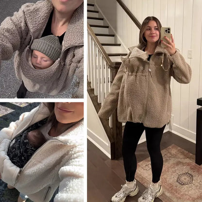 2-in-1 Maternity & Babywearing Teddy Fleece Jacket – Cozy Zip-Up Coat with Detachable Baby Panel for Moms