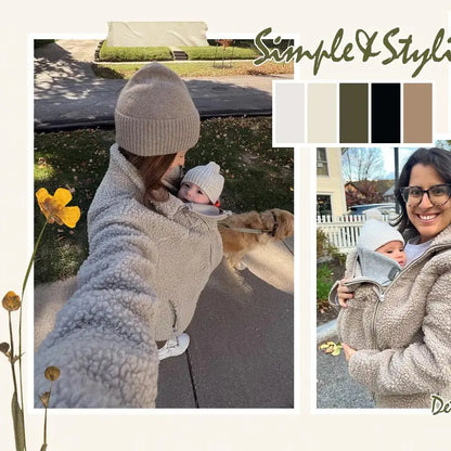 2-in-1 Maternity & Babywearing Teddy Fleece Jacket – Cozy Zip-Up Coat with Detachable Baby Panel for Moms