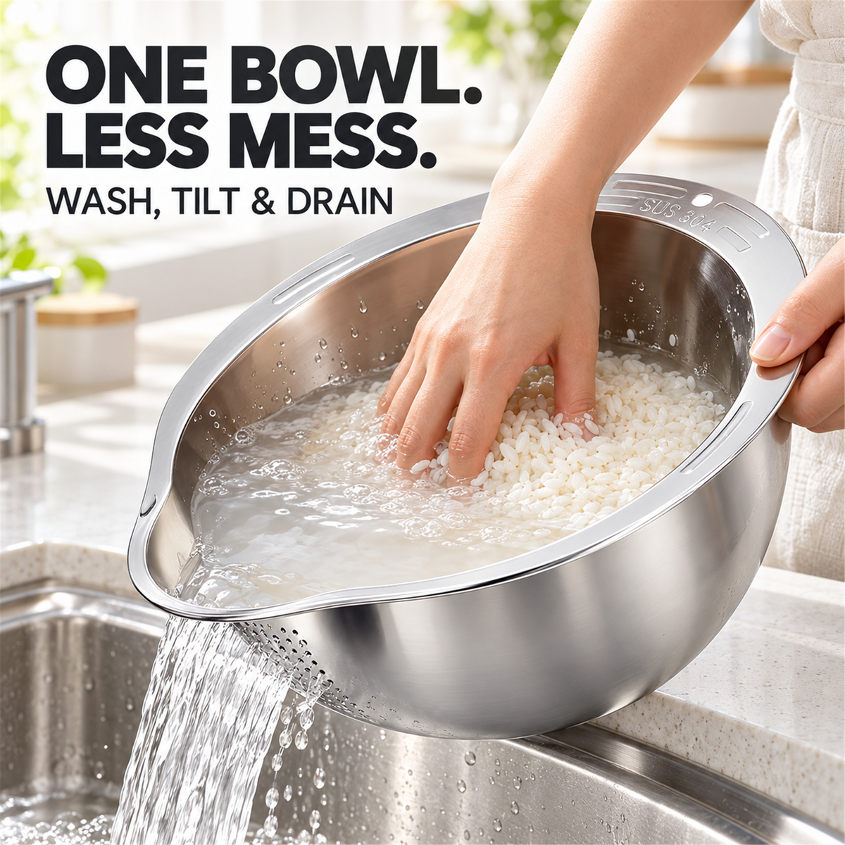 🍚✨ 4-in-1 Rice Washing Bowl – Stainless Steel Strainer for Rice, Quinoa, Fruit & Vegetables 🥬