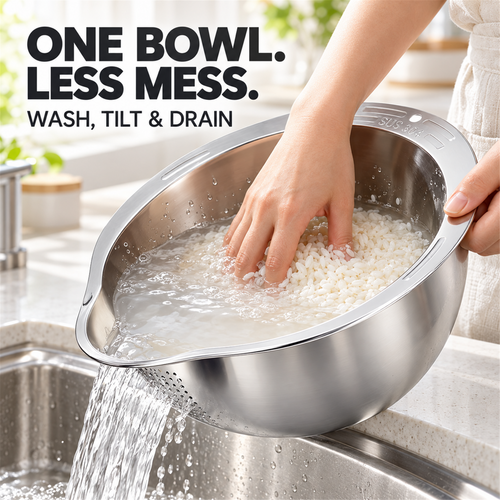 🍚✨ 4-in-1 Rice Washing Bowl – Stainless Steel Strainer for Rice, Quinoa, Fruit & Vegetables 🥬