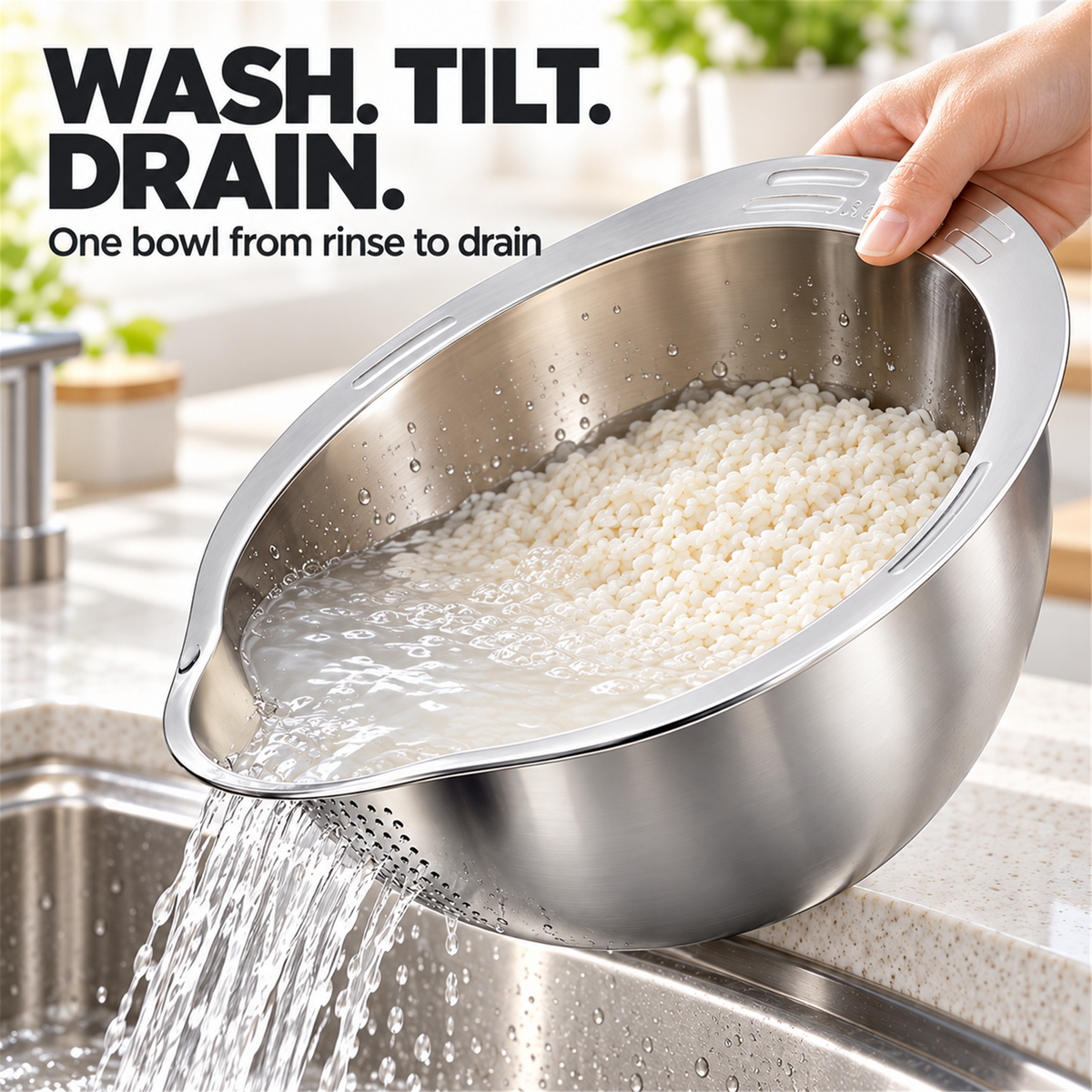 🍚✨ 4-in-1 Rice Washing Bowl – Stainless Steel Strainer for Rice, Quinoa, Fruit & Vegetables 🥬