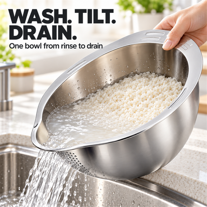 🍚✨ 4-in-1 Rice Washing Bowl – Stainless Steel Strainer for Rice, Quinoa, Fruit & Vegetables 🥬