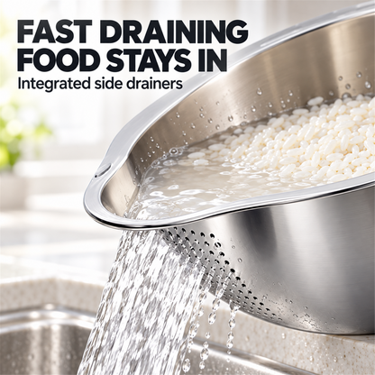 🍚✨ 4-in-1 Rice Washing Bowl – Stainless Steel Strainer for Rice, Quinoa, Fruit & Vegetables 🥬