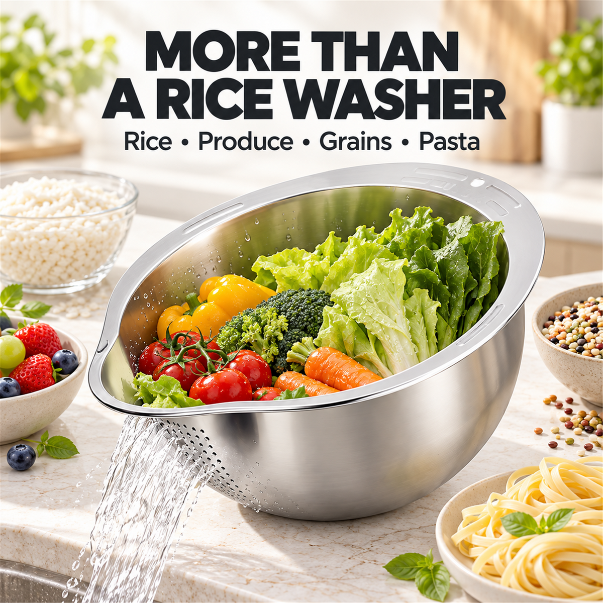 🍚✨ 4-in-1 Rice Washing Bowl – Stainless Steel Strainer for Rice, Quinoa, Fruit & Vegetables 🥬