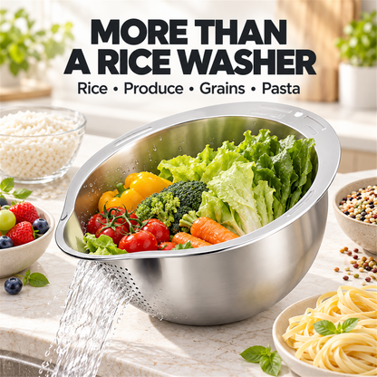 🍚✨ 4-in-1 Rice Washing Bowl – Stainless Steel Strainer for Rice, Quinoa, Fruit & Vegetables 🥬