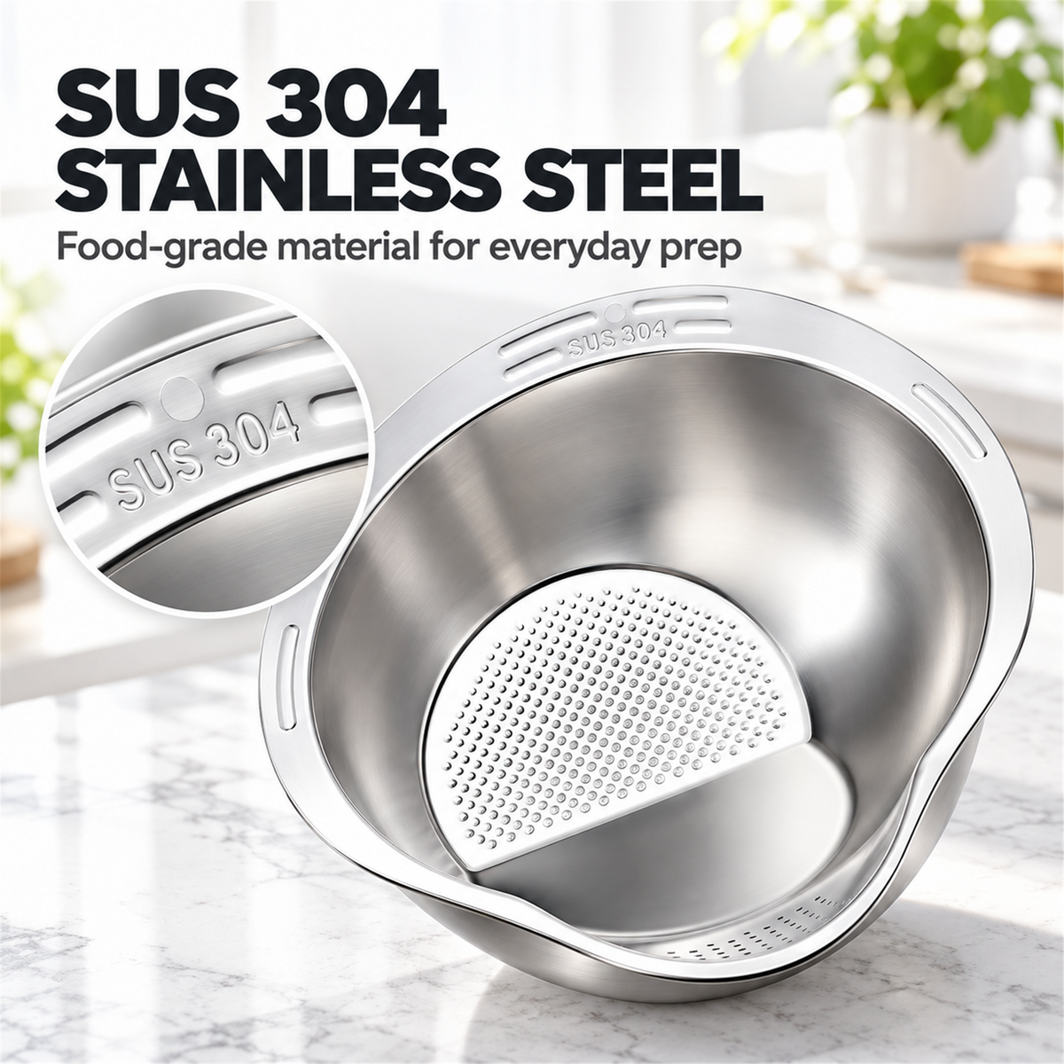 🍚✨ 4-in-1 Rice Washing Bowl – Stainless Steel Strainer for Rice, Quinoa, Fruit & Vegetables 🥬