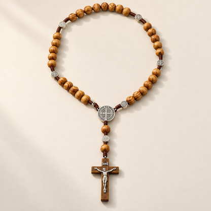 📿 Handmade 40″ Wooden Wall Rosary – St. Benedict Medal & Crucifix ✝️