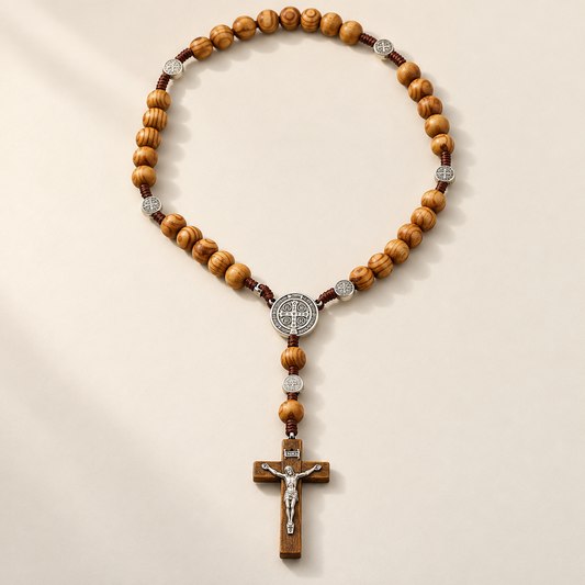 📿 Handmade 40″ Wooden Wall Rosary – St. Benedict Medal & Crucifix ✝️