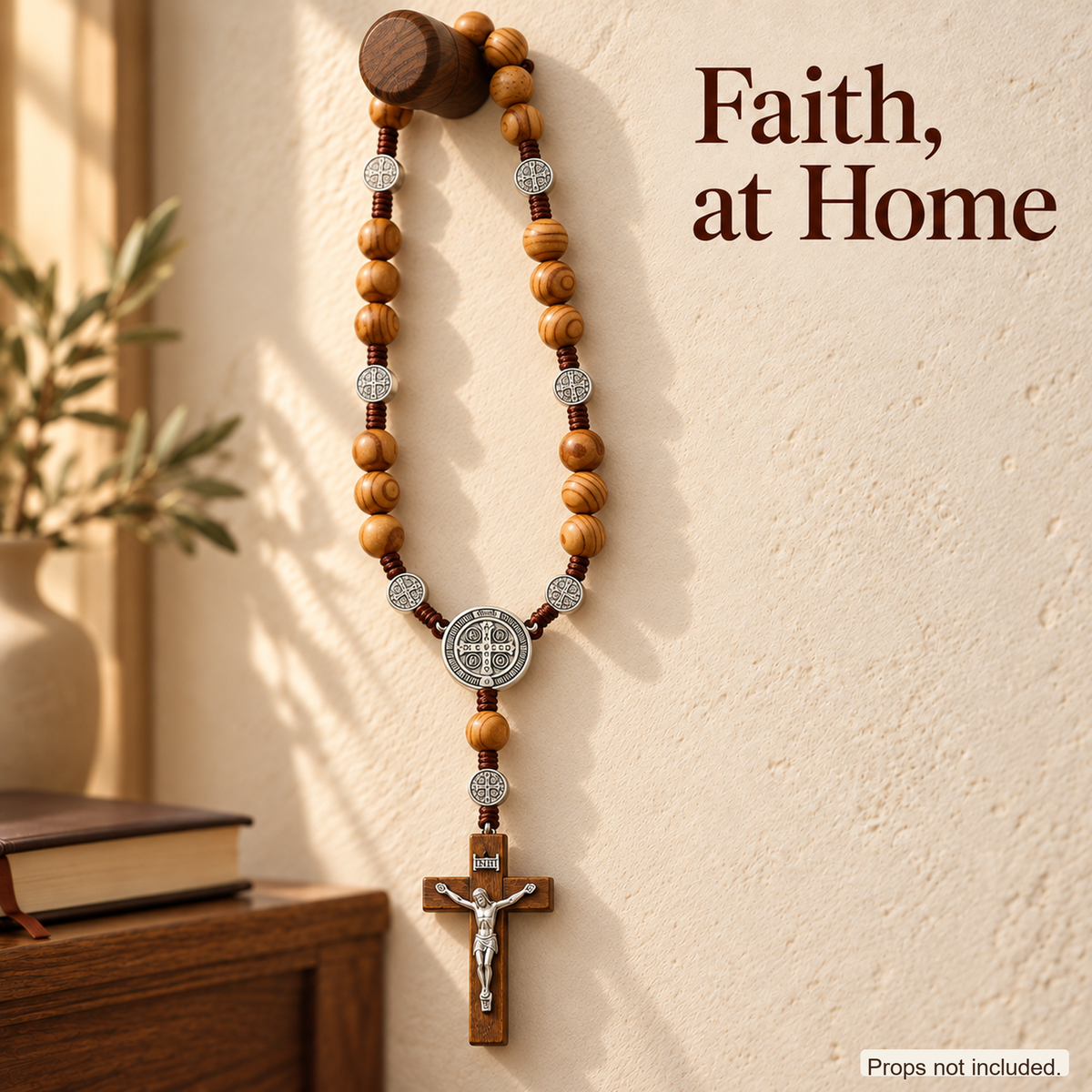 📿 Handmade 40″ Wooden Wall Rosary – St. Benedict Medal & Crucifix ✝️