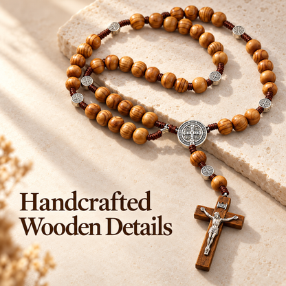 📿 Handmade 40″ Wooden Wall Rosary – St. Benedict Medal & Crucifix ✝️