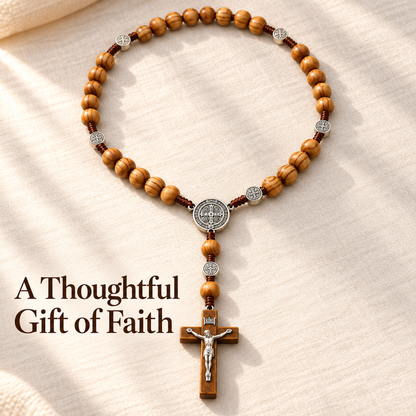📿 Handmade 40″ Wooden Wall Rosary – St. Benedict Medal & Crucifix ✝️