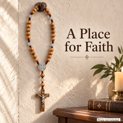 📿 Handmade 40″ Wooden Wall Rosary – St. Benedict Medal & Crucifix ✝️
