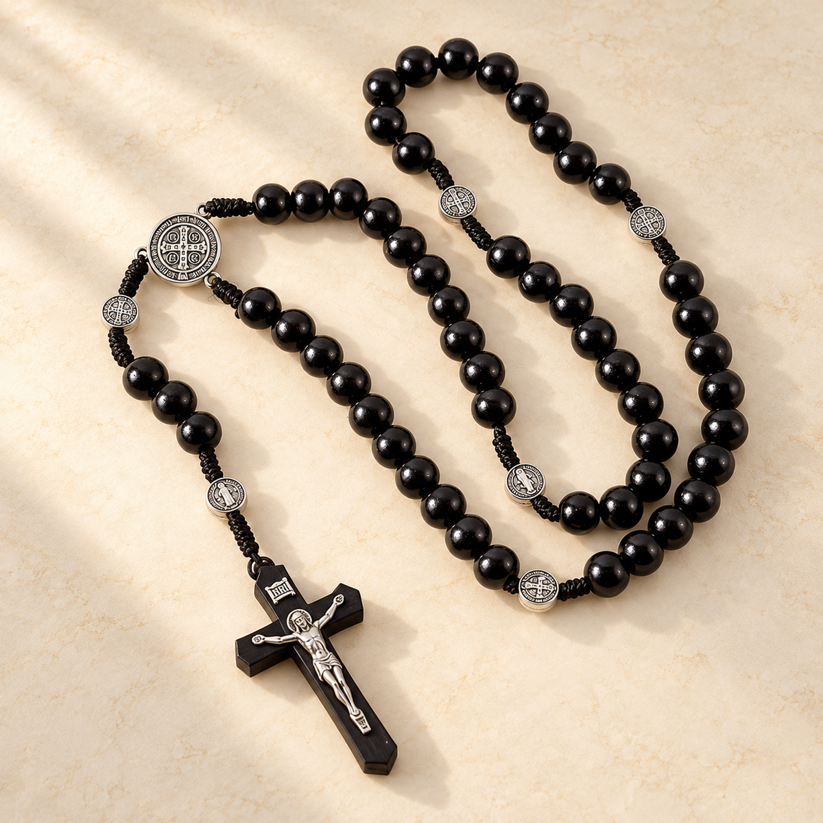 📿 Handmade 40″ Wooden Wall Rosary – St. Benedict Medal & Crucifix ✝️