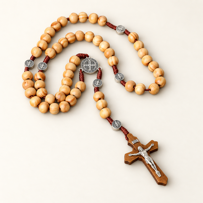 📿 Handmade 40″ Wooden Wall Rosary – St. Benedict Medal & Crucifix ✝️