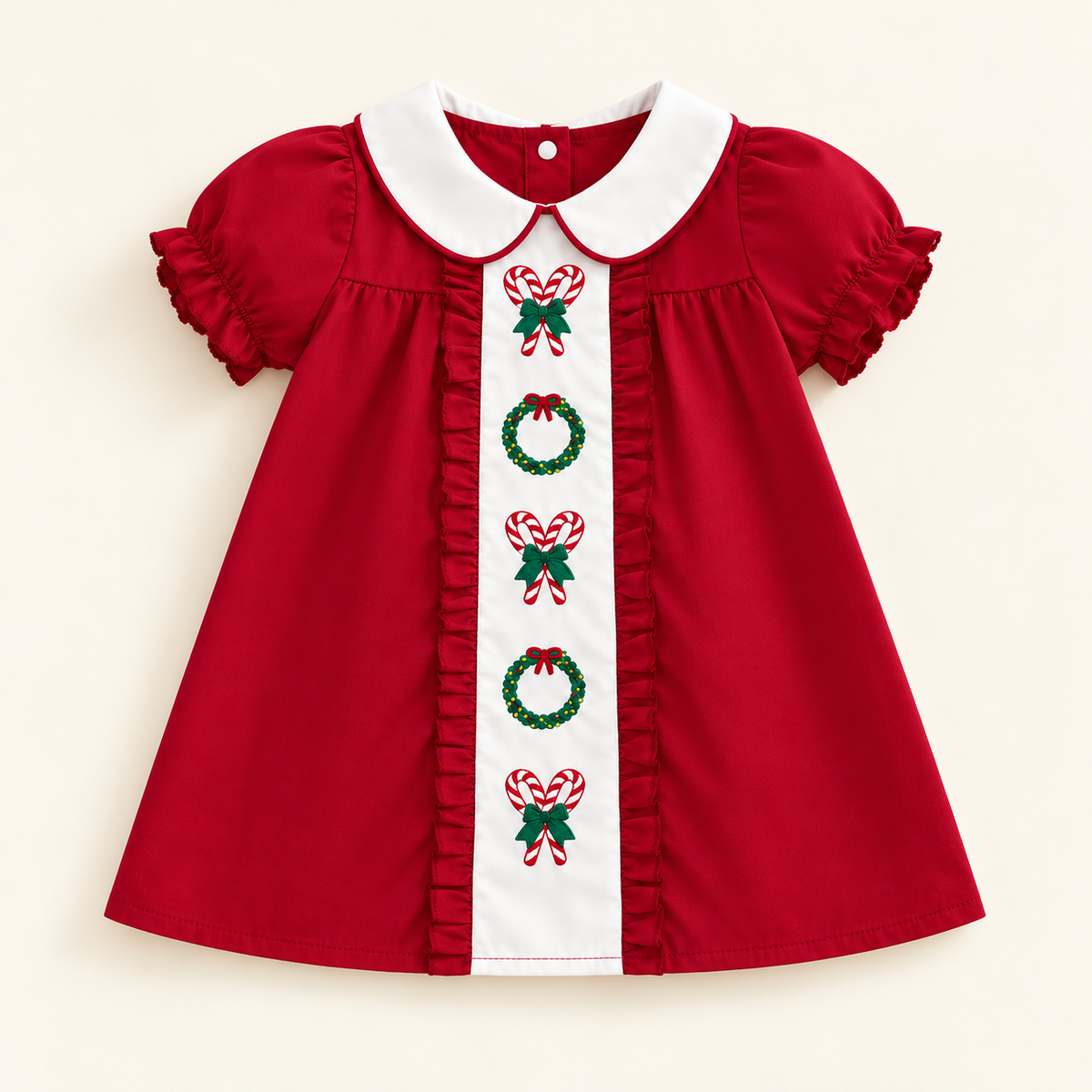 🎄 Little Girls’ Christmas Dress – Candy Embroidery, Puff Sleeves & Doll Collar | Ages 1–6 🎀