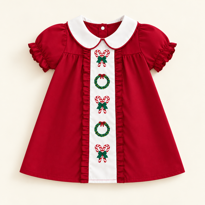 🎄 Little Girls’ Christmas Dress – Candy Embroidery, Puff Sleeves & Doll Collar | Ages 1–6 🎀