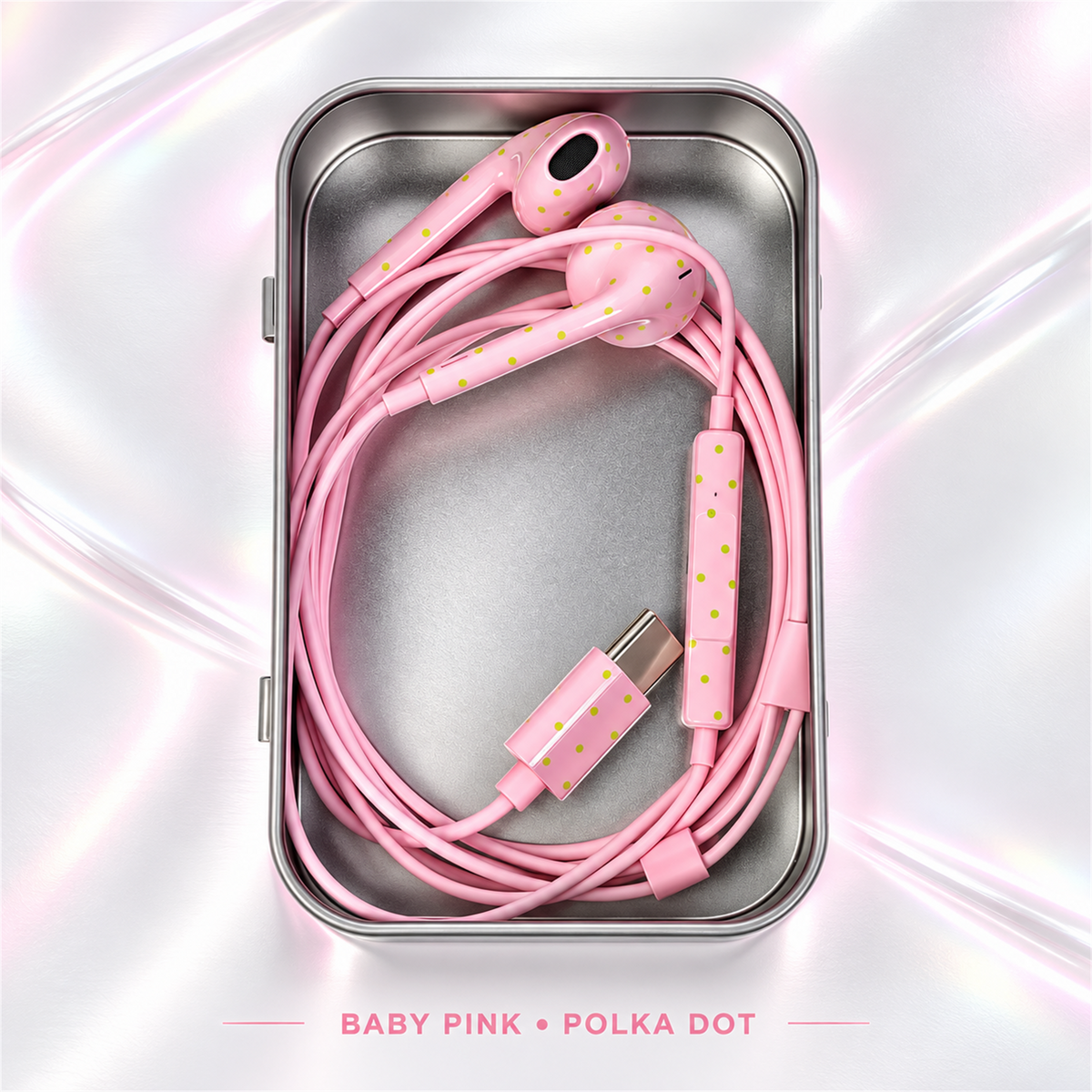 🎧✨ Cute Star & Polka Dot Type-C Wired Earbuds – Heavy Bass Earphones with Mic & Metal Storage Box 🌟