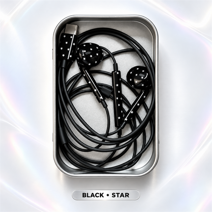 🎧✨ Cute Star & Polka Dot Type-C Wired Earbuds – Heavy Bass Earphones with Mic & Metal Storage Box 🌟