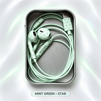 🎧✨ Cute Star & Polka Dot Type-C Wired Earbuds – Heavy Bass Earphones with Mic & Metal Storage Box 🌟