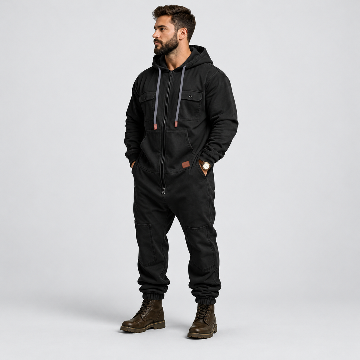 🛠️ Men’s Hooded Cargo Jumpsuit – Multi-Pocket, Zip-Front & Relaxed Fit 🏕️