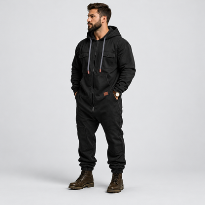 🛠️ Men’s Hooded Cargo Jumpsuit – Multi-Pocket, Zip-Front & Relaxed Fit 🏕️