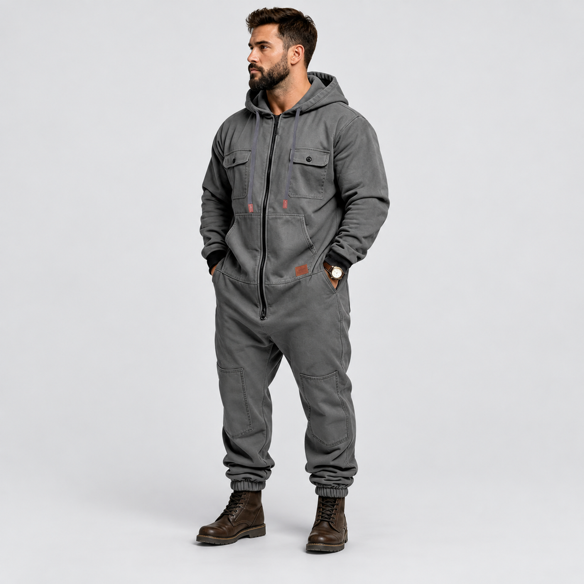 🛠️ Men’s Hooded Cargo Jumpsuit – Multi-Pocket, Zip-Front & Relaxed Fit 🏕️