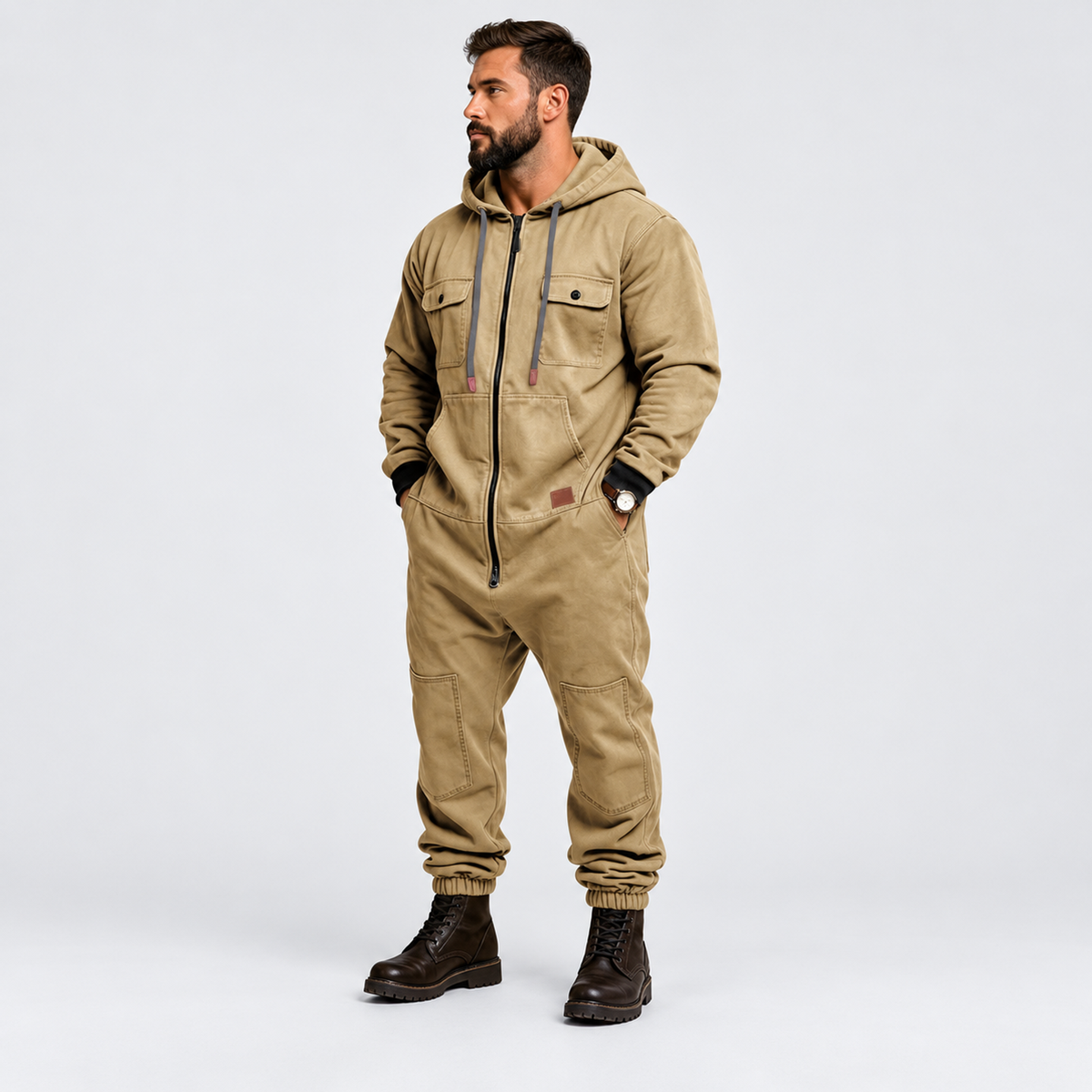 🛠️ Men’s Hooded Cargo Jumpsuit – Multi-Pocket, Zip-Front & Relaxed Fit 🏕️