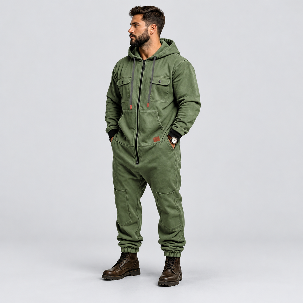 🛠️ Men’s Hooded Cargo Jumpsuit – Multi-Pocket, Zip-Front & Relaxed Fit 🏕️