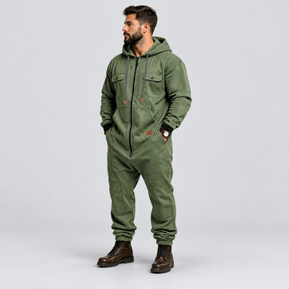 🛠️ Men’s Hooded Cargo Jumpsuit – Multi-Pocket, Zip-Front & Relaxed Fit 🏕️