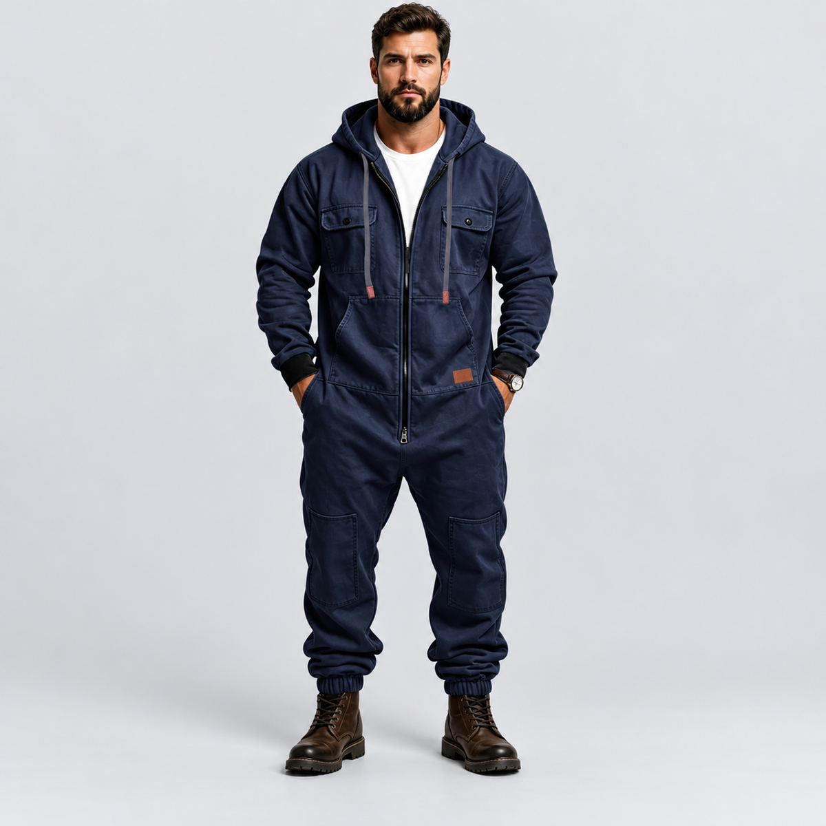 🛠️ Men’s Hooded Cargo Jumpsuit – Multi-Pocket, Zip-Front & Relaxed Fit 🏕️