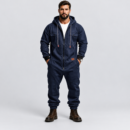🛠️ Men’s Hooded Cargo Jumpsuit – Multi-Pocket, Zip-Front & Relaxed Fit 🏕️