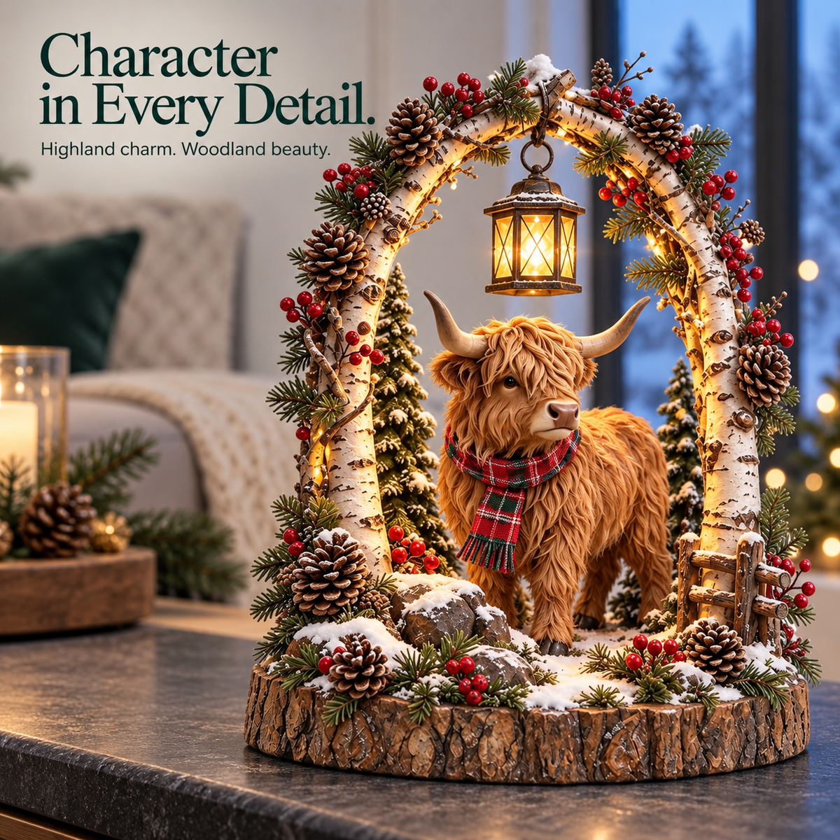 🦬 Highland Cow Christmas Woodland Lantern Decor 🎄 – Rustic Lighted Farmhouse Winter Tabletop Decoration 🎁